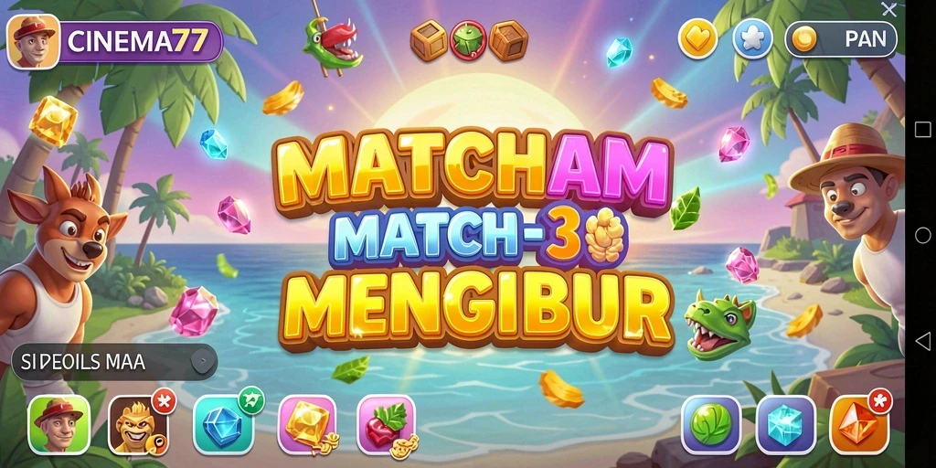 Tangkapan layar gameplay CINEMA77 yang menunjukkan keseruan Match-3.