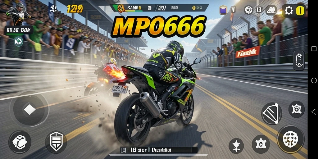 Screenshot MPO666 menampilkan tindakan balap motor yang mendebarkan.