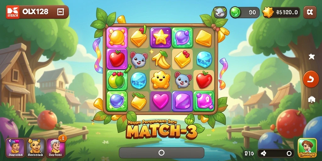 Tampilan seru gameplay Match-3 OLX128 yang penuh warna dan tantangan.