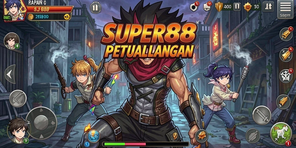 Tampilan gameplay SUPER88 yang penuh aksi dan karakter anime yang unik.