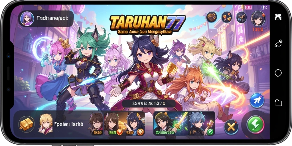 Tampilan gameplay TARUHAN77 yang penuh warna dengan karakter anime.