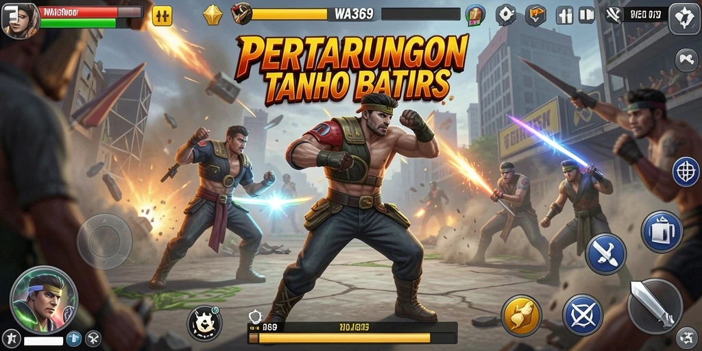 Screenshot utama WA369 menampilkan pertarungan intens antara karakter.